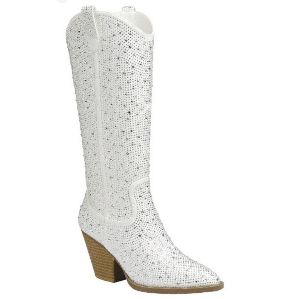 Women's White Rhinestone Western Knee High Cowboy Tall Boots